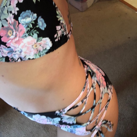Lace Up High Waisted Floral Pink & Black bikini - Picture 8 of 12